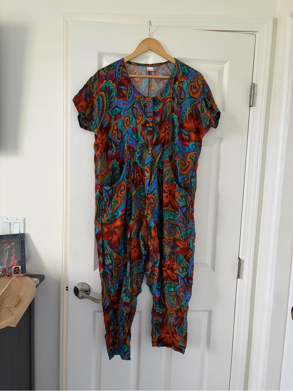 Vintage Multicolor Floral Paisley Button-Front Jumpsuit - Teal & Rust